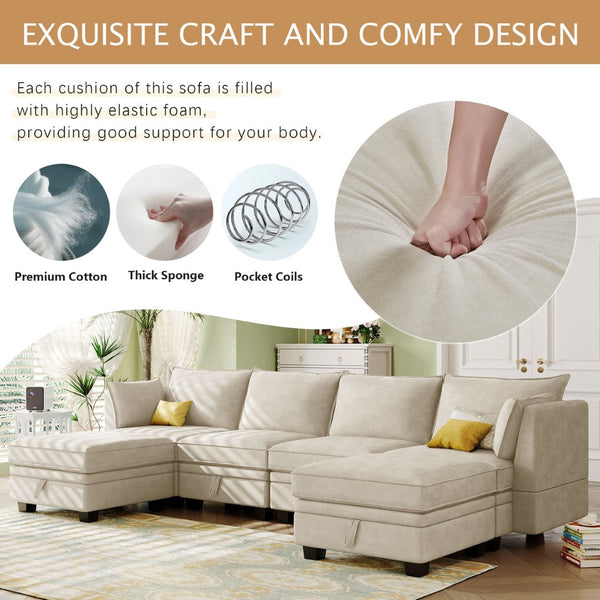 English Elm U_style Six Seat Modular U-shaped Sectional with Hidden Storage and Sleeper Function WY000363AAA