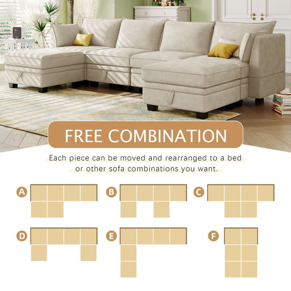 English Elm U_style Six Seat Modular U-shaped Sectional with Hidden Storage and Sleeper Function WY000363AAA