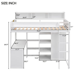 English Elm Wood Twin Loft Bed with Built-In Desk, Wardrobe & Shelves for Small Rooms — Sturdy Pine Storage Solution White GX000361AAK