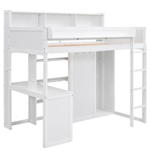 English Elm Wood Twin Loft Bed with Built-In Desk, Wardrobe & Shelves for Small Rooms — Sturdy Pine Storage Solution White GX000361AAK