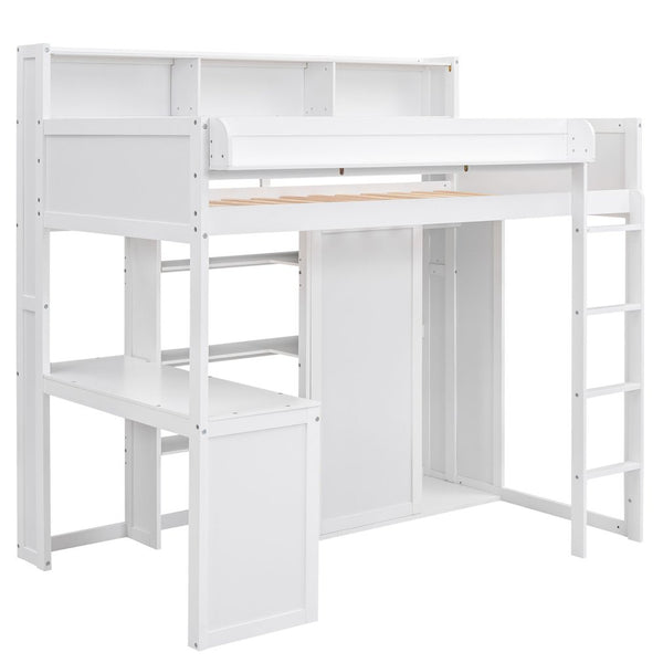 English Elm Wood Twin Loft Bed with Built-In Desk, Wardrobe & Shelves for Small Rooms — Sturdy Pine Storage Solution White GX000361AAK