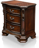 English Elm Formal Traditional 1 Piece Nightstand Only Brown Cherry Solid Wood 3-Drawers Intricate Accents Glides Bronze Hanging Pulls Bedroom Furniture