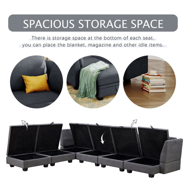 English Elm U_style Six Seat Modular U-shaped Sectional with Hidden Storage and Sleeper Function Dark Grey WY000363AAD