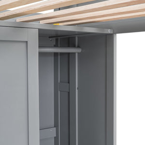 English Elm Wood Twin Loft Bed with Built-In Desk, Wardrobe & Shelves for Small Rooms — Sturdy Pine Storage Solution Gray GX000361AAE