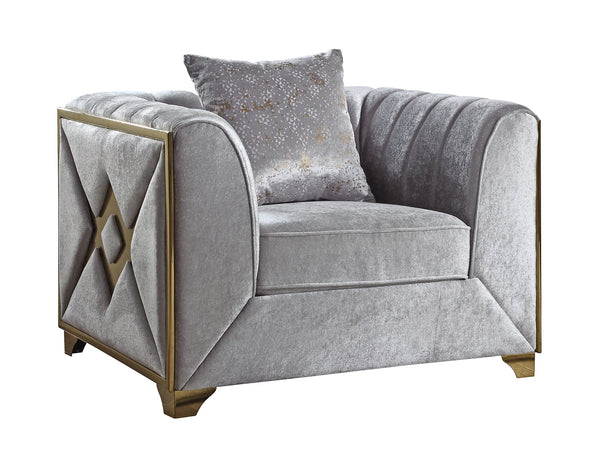 English Elm Velencia 3Pc Velvet Living Room Set in Silver with Gold X Inlay, Tufted Upholstery & Solid Wood Frame B009S01093