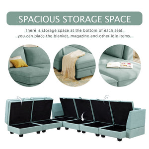 English Elm U_style Six Seat Modular U-shaped Sectional with Hidden Storage and Sleeper Function Light Green WY000363AAC