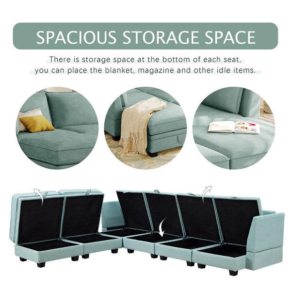 English Elm U_style Six Seat Modular U-shaped Sectional with Hidden Storage and Sleeper Function Light Green WY000363AAC