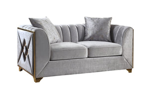 English Elm Velencia 3Pc Velvet Living Room Set in Silver with Gold X Inlay, Tufted Upholstery & Solid Wood Frame B009S01093