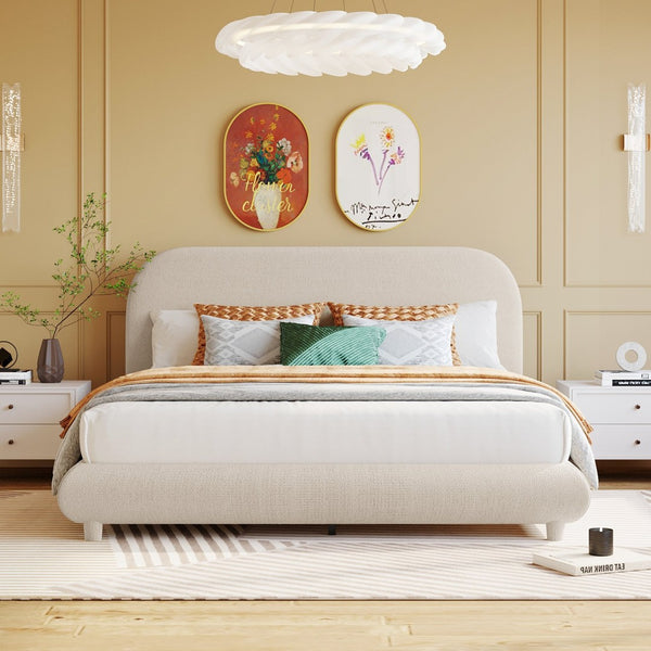 English Elm Teddy Fleece Queen Platform Bed Curved Sculptural Frame for Contemporary Bedroom SF000068AAA