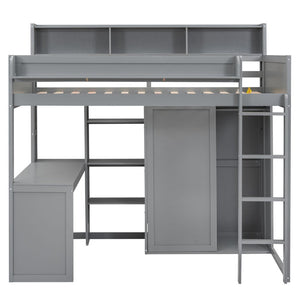 English Elm Wood Twin Loft Bed with Built-In Desk, Wardrobe & Shelves for Small Rooms — Sturdy Pine Storage Solution Gray GX000361AAE