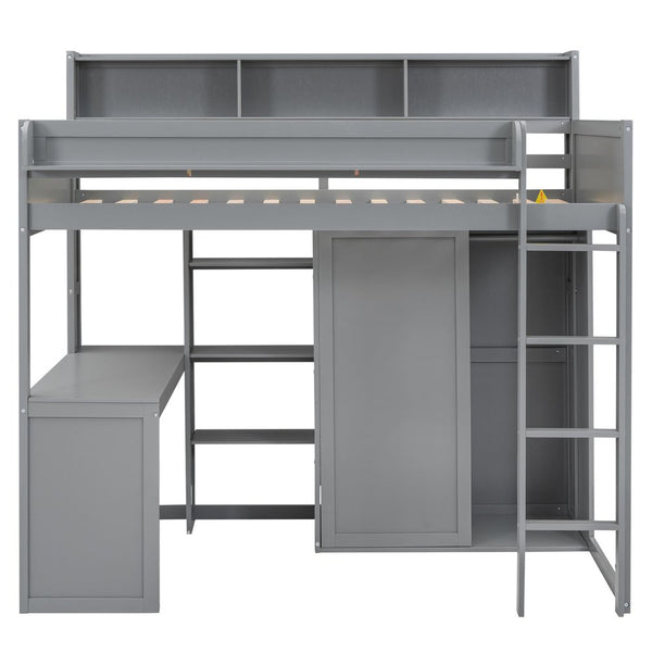 English Elm Wood Twin Loft Bed with Built-In Desk, Wardrobe & Shelves for Small Rooms — Sturdy Pine Storage Solution Gray GX000361AAE