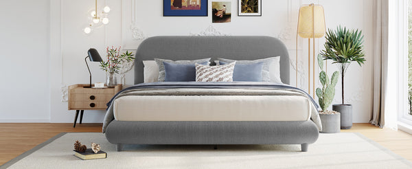 English Elm Teddy Fleece Queen Platform Bed Curved Sculptural Frame for Contemporary Bedroom SF000068AAE