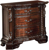 English Elm Formal Traditional 1 Piece Nightstand Only Brown Cherry Solid Wood 3-Drawers Intricate Accents Glides Bronze Hanging Pulls Bedroom Furniture