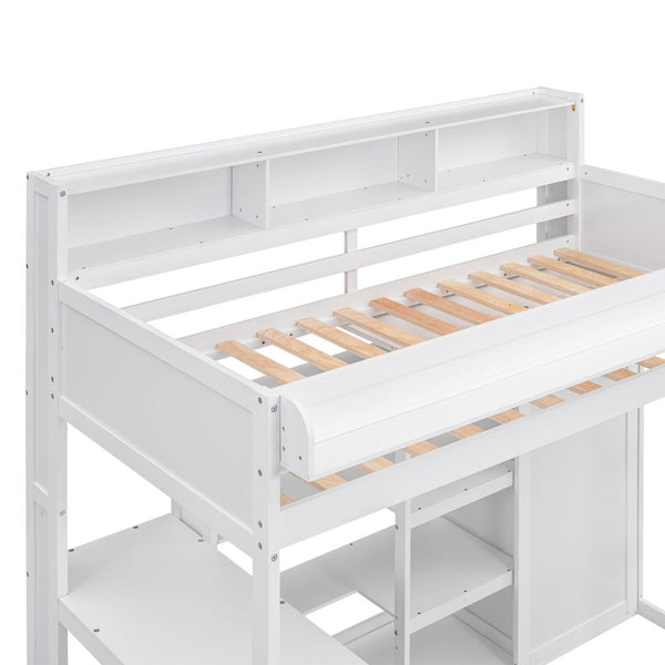English Elm Wood Twin Loft Bed with Built-In Desk, Wardrobe & Shelves for Small Rooms — Sturdy Pine Storage Solution White GX000361AAK