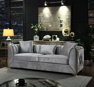 English Elm Velencia Modern Velvet Sofa with Gold Accents, Solid Wood Frame and Plush Cushions for Luxury Living Silver G150109224
