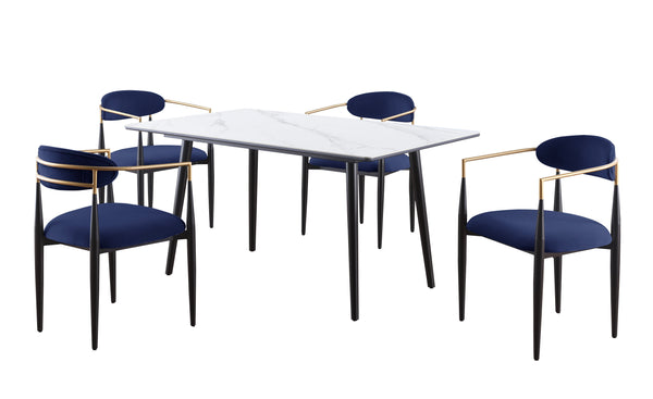 English Elm Modern 5pc Dining Set with Black Sintered Stone Table and Blue Fabric Chairs, Stylish Comfort and Durability White+Blue 65.25 L x 40.25 W x 5.5 H B011S00614