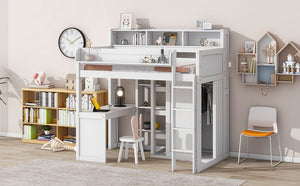 English Elm Wood Twin Loft Bed with Built-In Desk, Wardrobe & Shelves for Small Rooms — Sturdy Pine Storage Solution White GX000361AAK