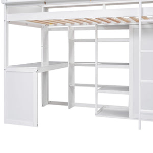 English Elm Wood Twin Loft Bed with Built-In Desk, Wardrobe & Shelves for Small Rooms — Sturdy Pine Storage Solution White GX000361AAK