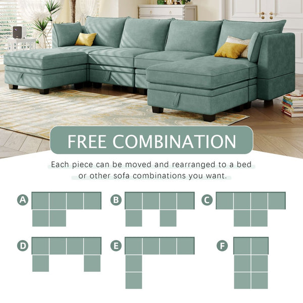 English Elm U_style Six Seat Modular U-shaped Sectional with Hidden Storage and Sleeper Function Light Green WY000363AAC