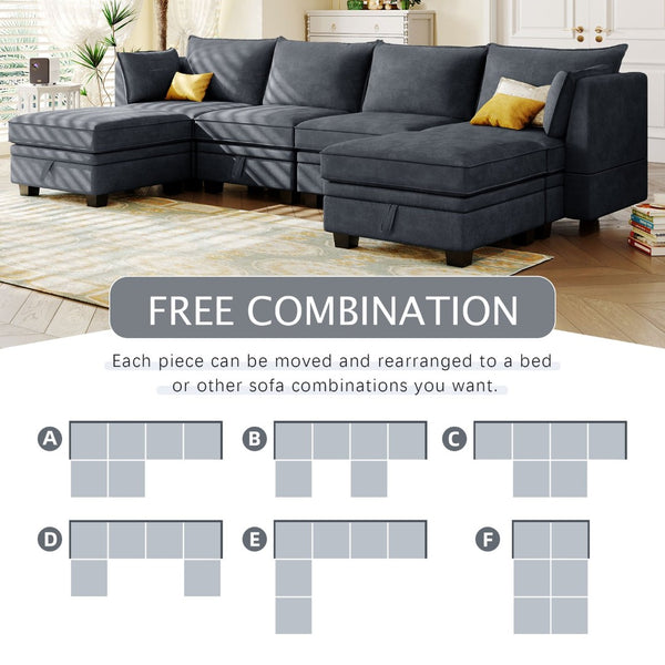 English Elm U_style Six Seat Modular U-shaped Sectional with Hidden Storage and Sleeper Function Dark Grey WY000363AAD