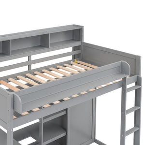 English Elm Wood Twin Loft Bed with Built-In Desk, Wardrobe & Shelves for Small Rooms — Sturdy Pine Storage Solution Gray GX000361AAE