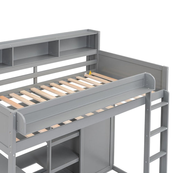 English Elm Wood Twin Loft Bed with Built-In Desk, Wardrobe & Shelves for Small Rooms — Sturdy Pine Storage Solution Gray GX000361AAE