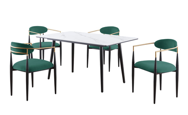 English Elm Modern 5pc Dining Set with Black Sintered Stone Table and Blue Fabric Chairs, Stylish Comfort and Durability White+Green 65.25 L x 40.25 W x 5.5 H B011S00616