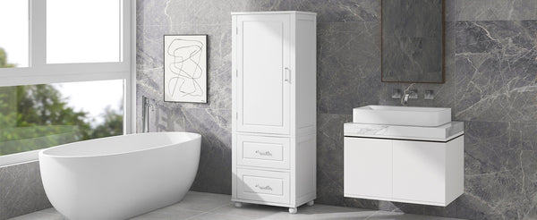 English Elm Tall Freestanding Bathroom Cabinet White Mdf Two Drawers Adjustable Shelving Storage WF312728AAK