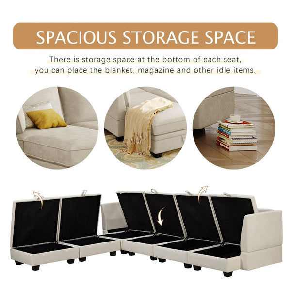 English Elm U_style Six Seat Modular U-shaped Sectional with Hidden Storage and Sleeper Function WY000363AAA
