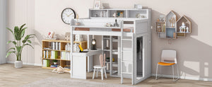 English Elm Wood Twin Loft Bed with Built-In Desk, Wardrobe & Shelves for Small Rooms — Sturdy Pine Storage Solution White GX000361AAK