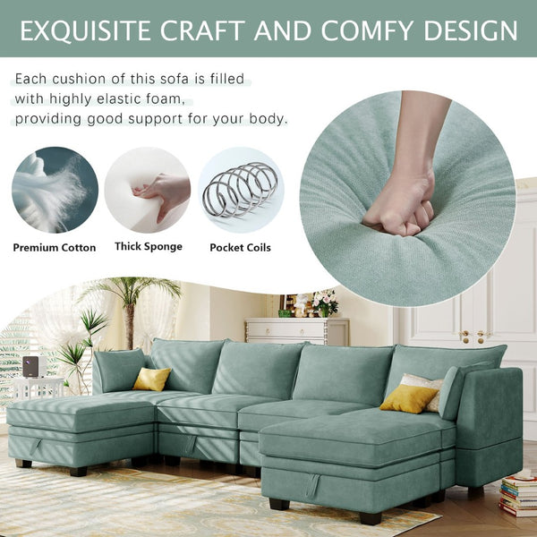 English Elm U_style Six Seat Modular U-shaped Sectional with Hidden Storage and Sleeper Function Light Green WY000363AAC