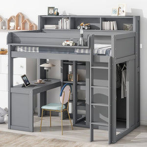 English Elm Wood Twin Loft Bed with Built-In Desk, Wardrobe & Shelves for Small Rooms — Sturdy Pine Storage Solution Gray GX000361AAE