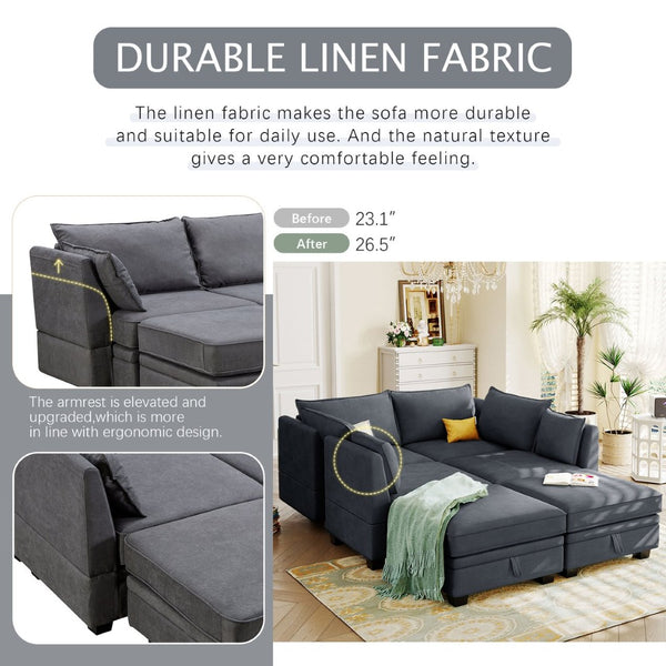 English Elm U_style Six Seat Modular U-shaped Sectional with Hidden Storage and Sleeper Function Dark Grey WY000363AAD