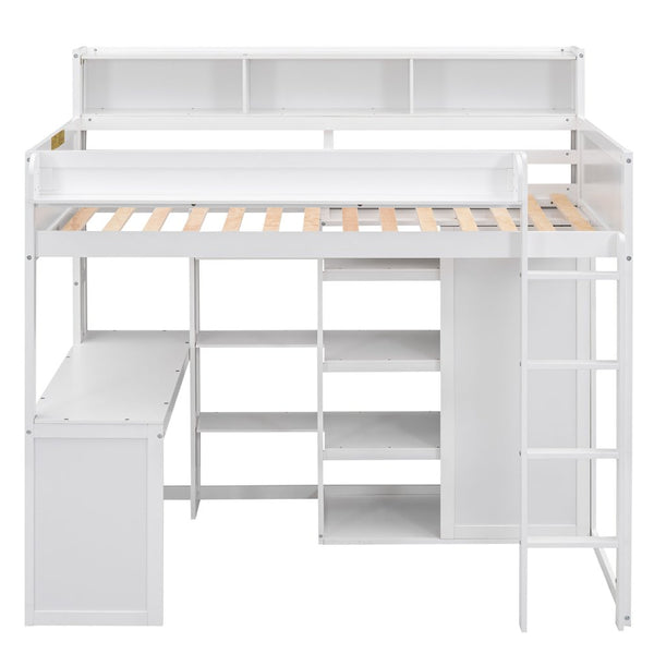 English Elm Wood Twin Loft Bed with Built-In Desk, Wardrobe & Shelves for Small Rooms — Sturdy Pine Storage Solution White GX000361AAK