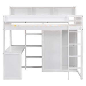 English Elm Wood Twin Loft Bed with Built-In Desk, Wardrobe & Shelves for Small Rooms — Sturdy Pine Storage Solution White GX000361AAK