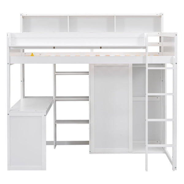 English Elm Wood Twin Loft Bed with Built-In Desk, Wardrobe & Shelves for Small Rooms — Sturdy Pine Storage Solution White GX000361AAK