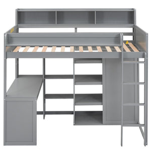 English Elm Wood Twin Loft Bed with Built-In Desk, Wardrobe & Shelves for Small Rooms — Sturdy Pine Storage Solution Gray GX000361AAE