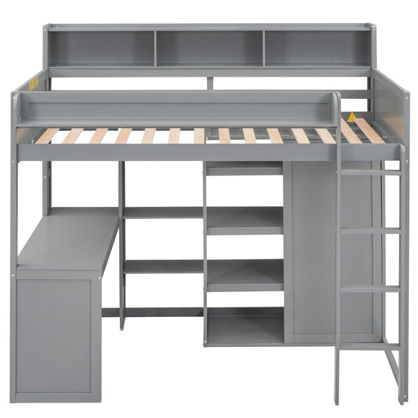 English Elm Wood Twin Loft Bed with Built-In Desk, Wardrobe & Shelves for Small Rooms — Sturdy Pine Storage Solution Gray GX000361AAE