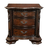 English Elm Formal Traditional 1 Piece Nightstand Only Brown Cherry Solid Wood 3-Drawers Intricate Accents Glides Bronze Hanging Pulls Bedroom Furniture