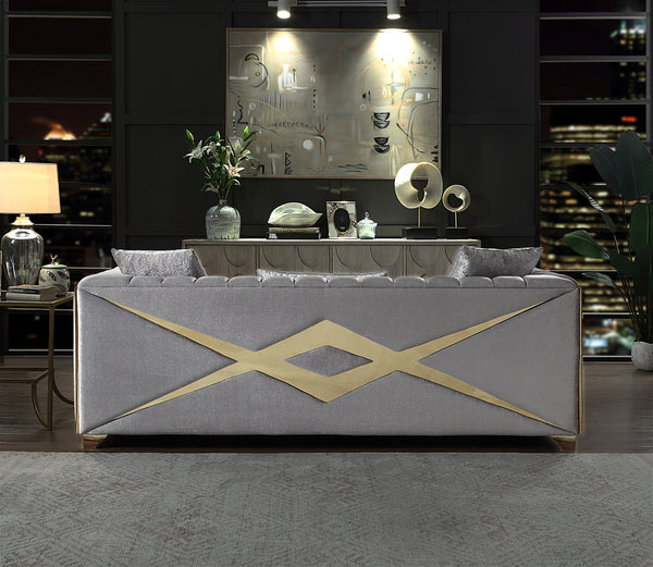 English Elm Velencia 3Pc Modern Velvet Living Room Set in Silver with Gold Inlay, Solid Wood Frames, Plush Comfort B009S01945