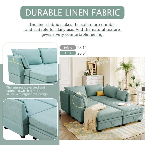 English Elm U_style Six Seat Modular U-shaped Sectional with Hidden Storage and Sleeper Function Light Green WY000363AAC