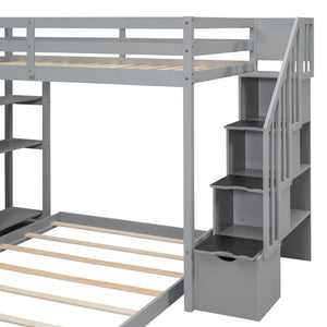 English Elm Twin Over Full Bunk Bed with Storage Stairs Drawers and Side Shelves in White LT000358AAE