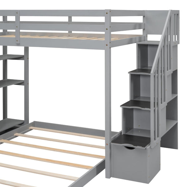 English Elm Twin Over Full Bunk Bed with Storage Stairs Drawers and Side Shelves in White LT000358AAE