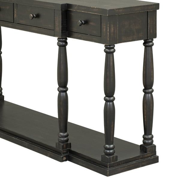 English Elm U_style Retro Console Table Pine Legs Four Drawers Open Shelf Hallway Entryway WF312987AAB