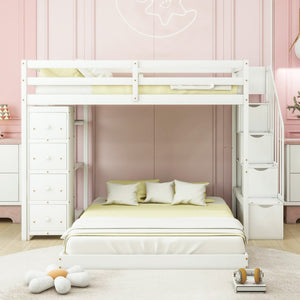 English Elm Twin Over Full Bunk Bed with Storage Stairs Drawers and Side Shelves in White LT000358AAK