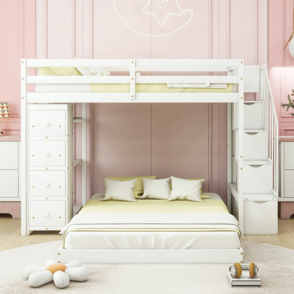 English Elm Twin Over Full Bunk Bed with Storage Stairs Drawers and Side Shelves in White LT000358AAK
