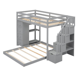English Elm Twin Over Full Bunk Bed with Storage Stairs Drawers and Side Shelves in White LT000358AAE