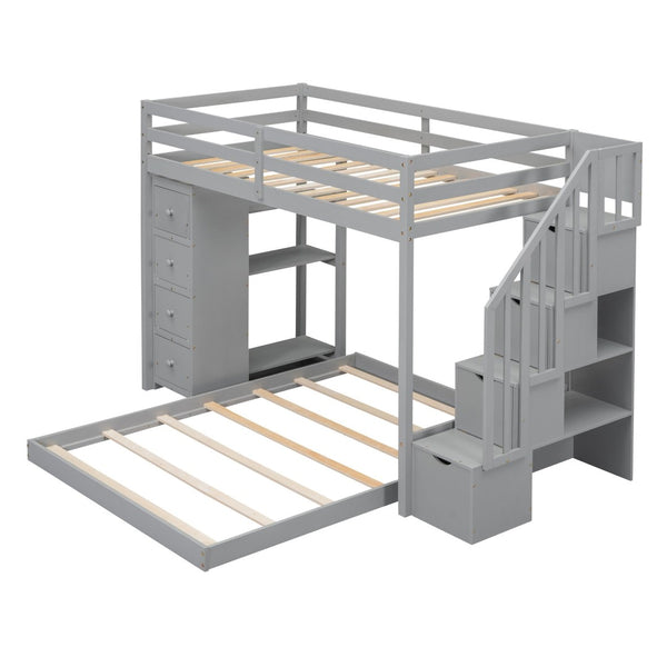 English Elm Twin Over Full Bunk Bed with Storage Stairs Drawers and Side Shelves in White LT000358AAE