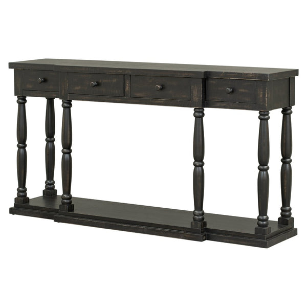 English Elm U_style Retro Console Table Pine Legs Four Drawers Open Shelf Hallway Entryway WF312987AAB