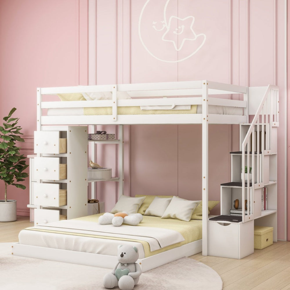 English Elm Twin Over Full Bunk Bed with Storage Stairs Drawers and Side Shelves in White LT000358AAK